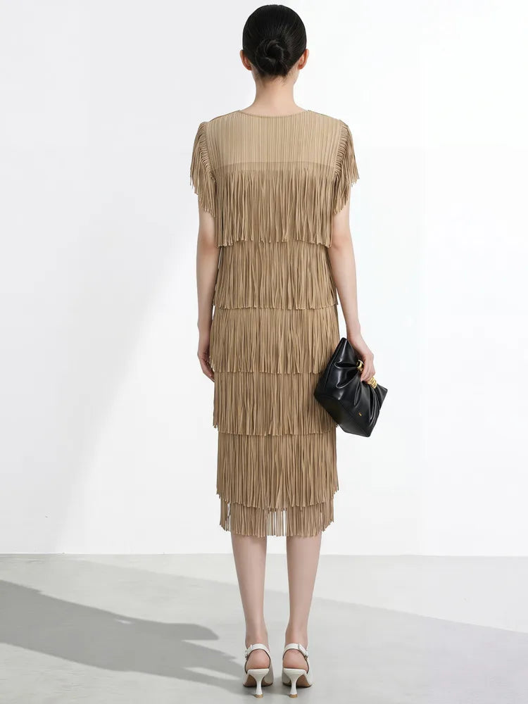 Fringe Pleated Midi Dress