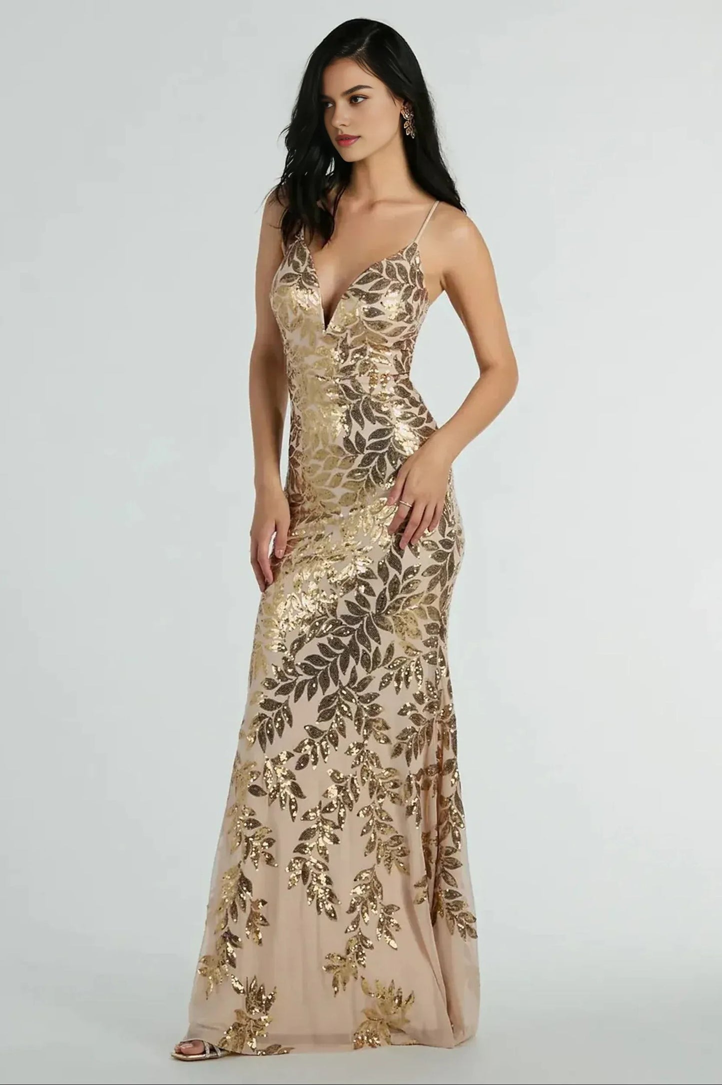 Gold Sequin Leaf Plunge Mermaid Maxi Formal Dress