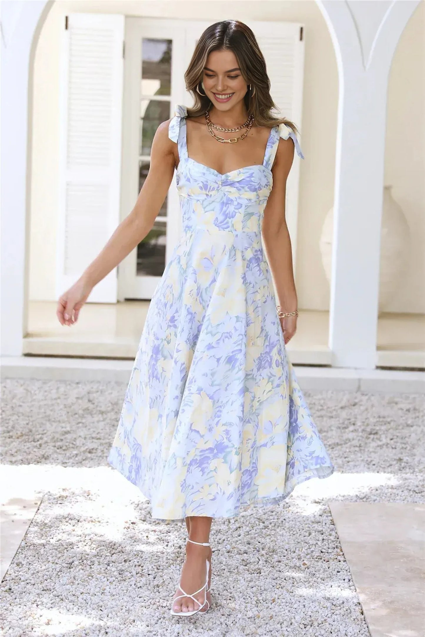 Tropical Print Midi Dress Blue – Elegant Summer Midi Dress