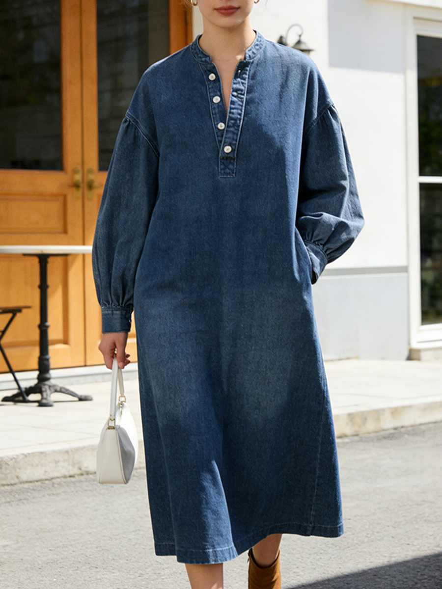 Long Sleeves Loose Buttoned Pockets Solid Color V-Neck Maxi Dresses