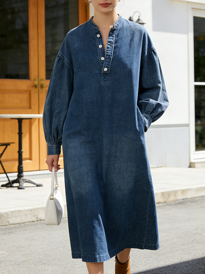 Long Sleeves Loose Buttoned Pockets Solid Color V-Neck Maxi Dresses