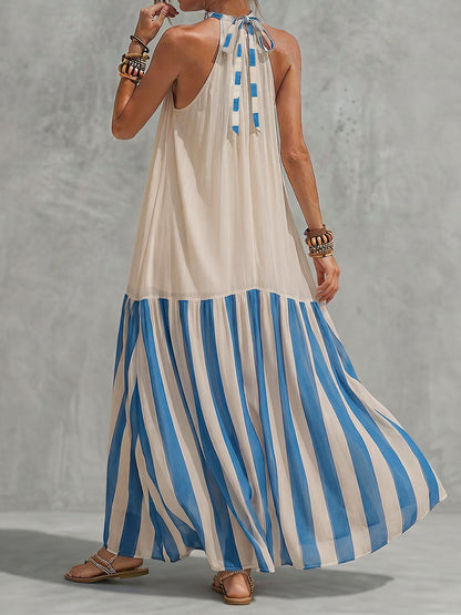 A-Line Loose Contrast Color Pleated Striped Halter-Neck Maxi Dresses