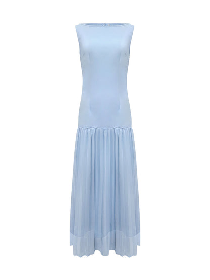 Sleeveless Gauze Pleated Solid Color Split-Joint Boat Neck Evening Dresses Maxi Dresses