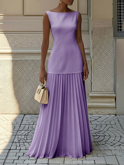 Sleeveless Gauze Pleated Solid Color Split-Joint Boat Neck Evening Dresses Maxi Dresses
