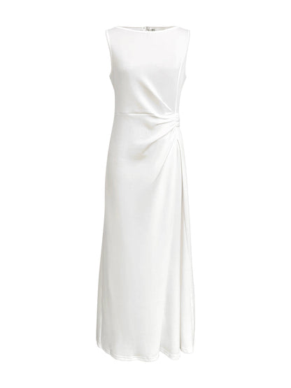 Sleeveless Gauze Pleated Solid Color Split-Joint Round-Neck Evening Dresses Maxi Dresses