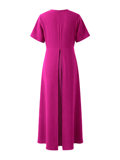 A-Line High Waisted Pleated Solid Color Split-Joint Round-Neck Maxi Dresses