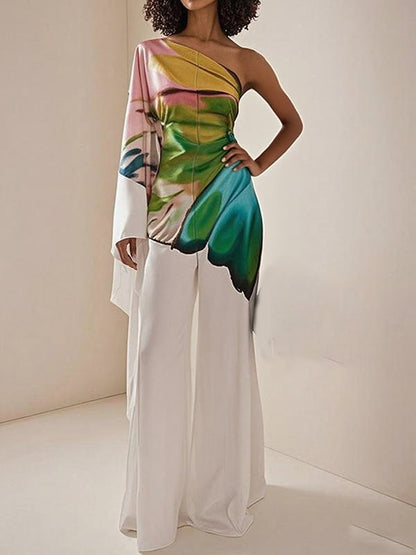 Long Sleeves Loose Flower Print Pleated Pockets One-Shoulder Jumpsuits