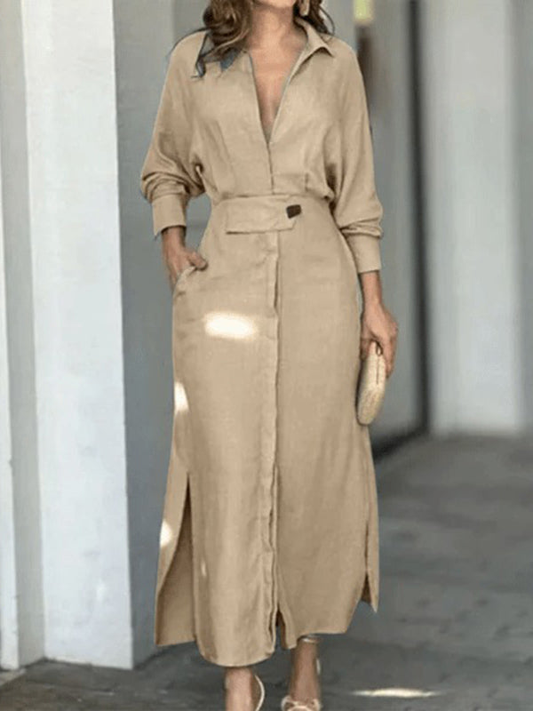 Long Sleeves Loose Split-Joint Split-Side V-Neck Maxi Dresses Shirt Dress