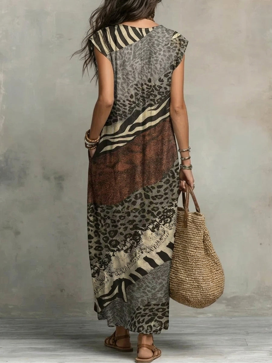 Loose Sleeveless Pockets Printed Ruffled V-Neck Maxi Dresses