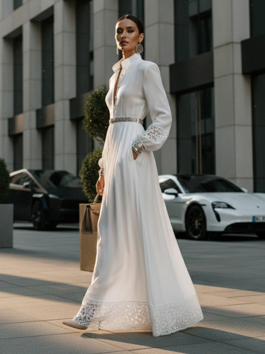 A-Line High Waisted Buttoned Hollow No Belt Pleated Pockets Solid Color Split-Joint Stand Collar Maxi Dresses Shirt Dress
