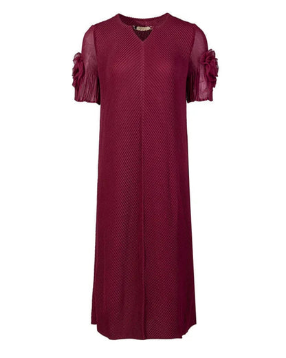 Plissé Rosette Sheer-Sleeve Dress