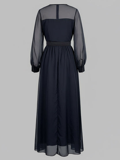 False Two Loose Gauze Pleated See-Through Round-Neck Maxi Dresses
