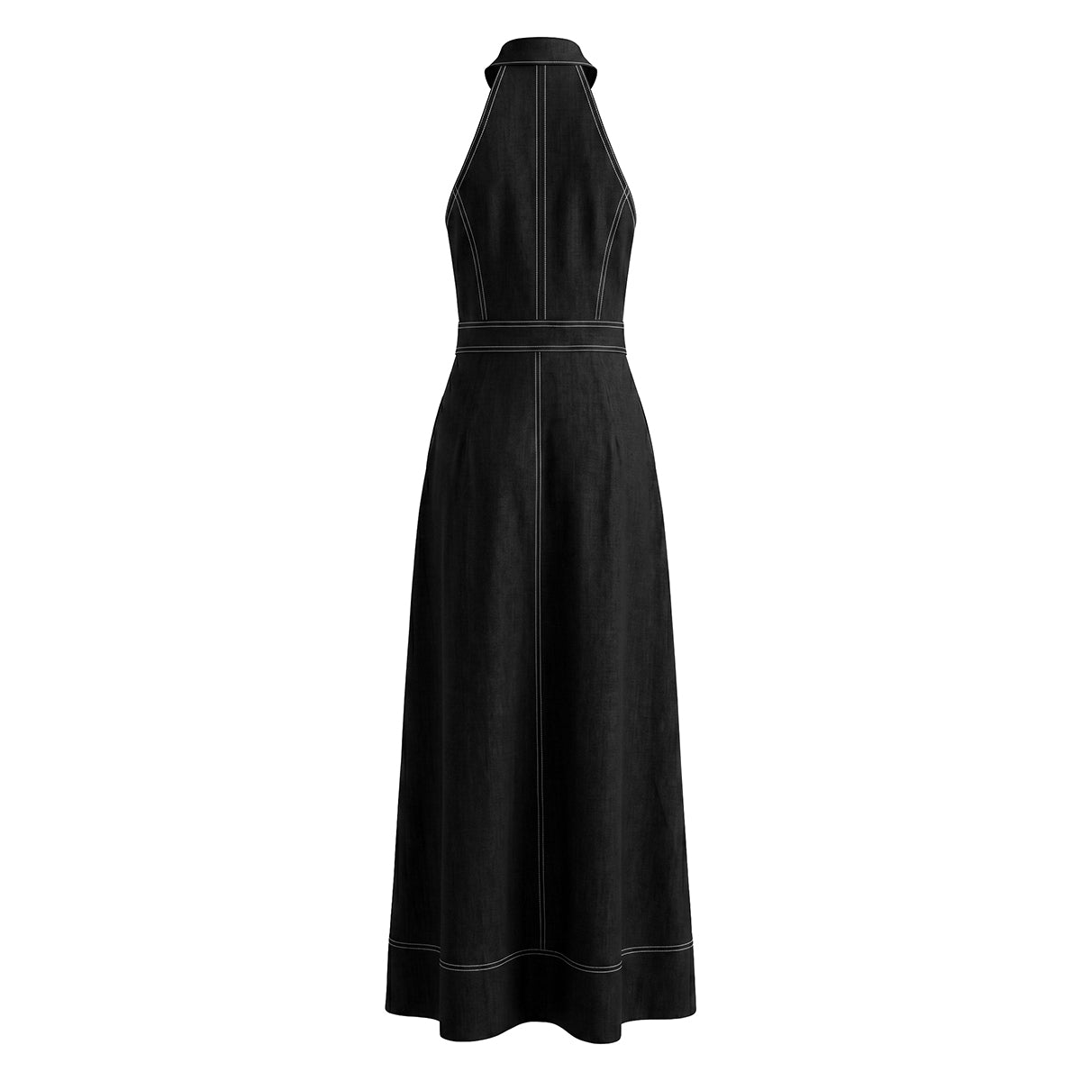 A-Line High Waisted Pleated Pockets Solid Color Zipper Stand Collar Maxi Dresses