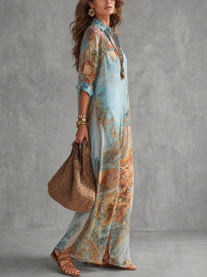 Long Sleeves Loose Buttoned Contrast Color Pockets Printed Lapel Maxi Dresses Shirt Dress