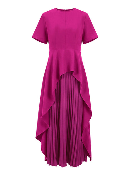 A-Line High Waisted Pleated Solid Color Split-Joint Round-Neck Maxi Dresses