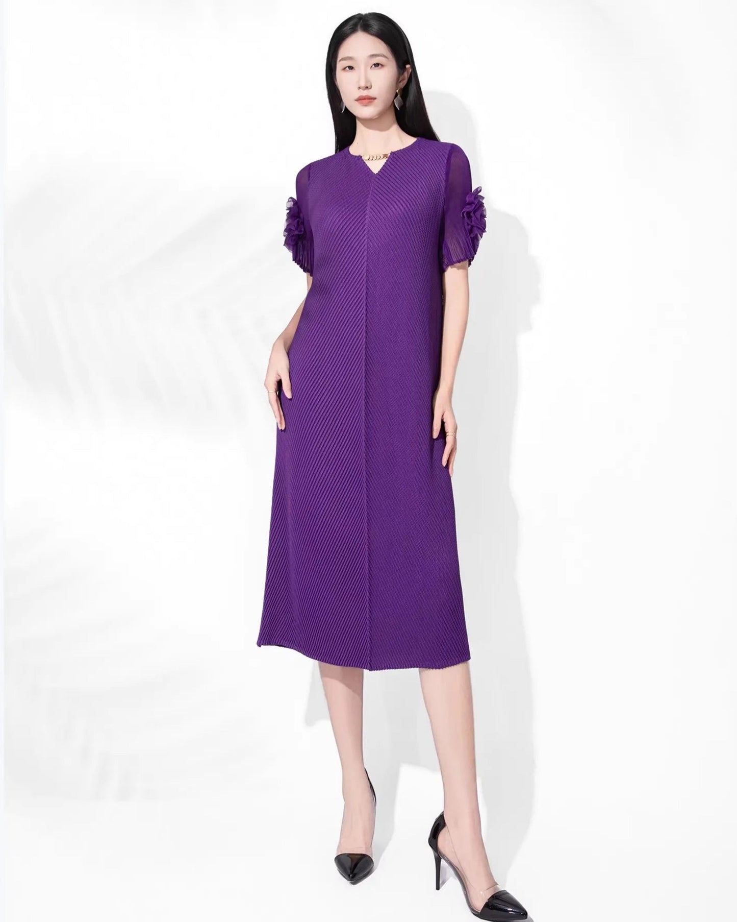 Plissé Rosette Sheer-Sleeve Dress