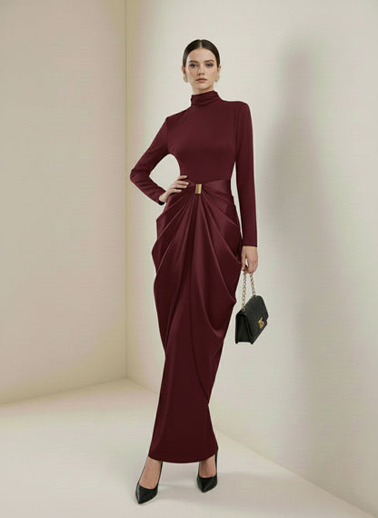 Long Sleeves Buckle Draped High-Neck Evening Dresses Maxi Dresses