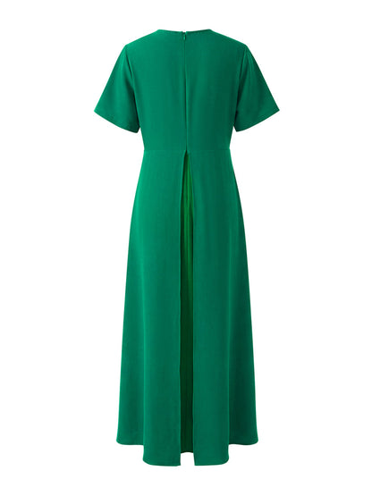 A-Line High Waisted Pleated Solid Color Split-Joint Round-Neck Maxi Dresses