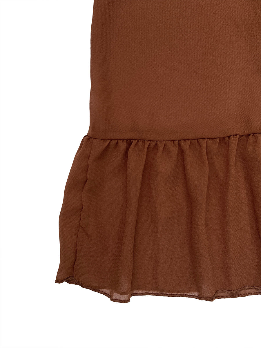 Cape Irregularity Layered Pleated Ruffled See-Through Solid Color Split-Joint High Neck Maxi Dresses