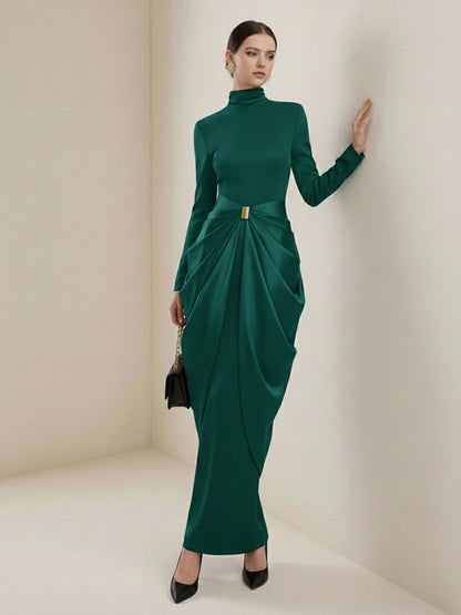 Long Sleeves Buckle Draped High-Neck Evening Dresses Maxi Dresses