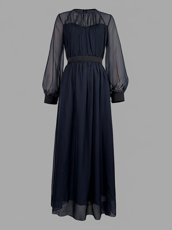 False Two Loose Gauze Pleated See-Through Round-Neck Maxi Dresses