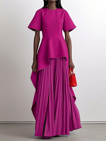 A-Line High Waisted Pleated Solid Color Split-Joint Round-Neck Maxi Dresses