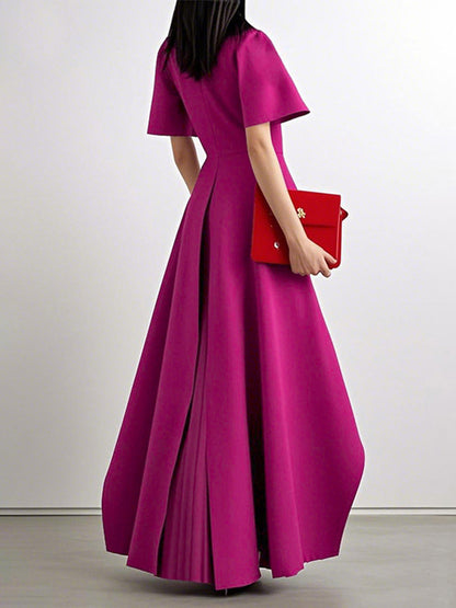 A-Line High Waisted Pleated Solid Color Split-Joint Round-Neck Maxi Dresses