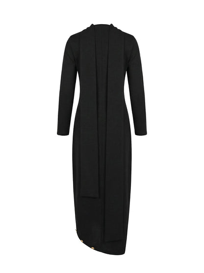 Long Sleeves Loose Asymmetric Buttoned Split-Joint Split-Side Mock Neck Maxi Dresses