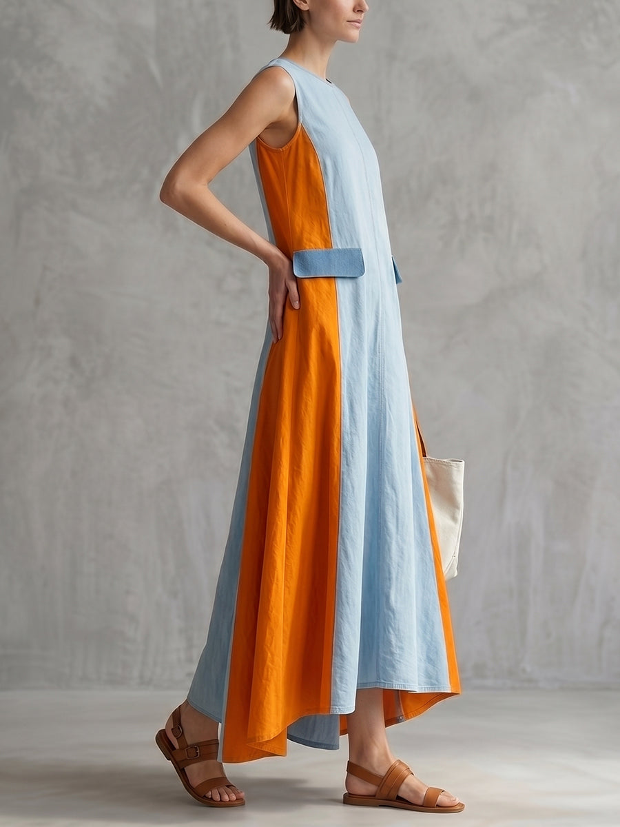 A-Line Loose Contrast Color Split-Front Round-Neck Maxi Dresses