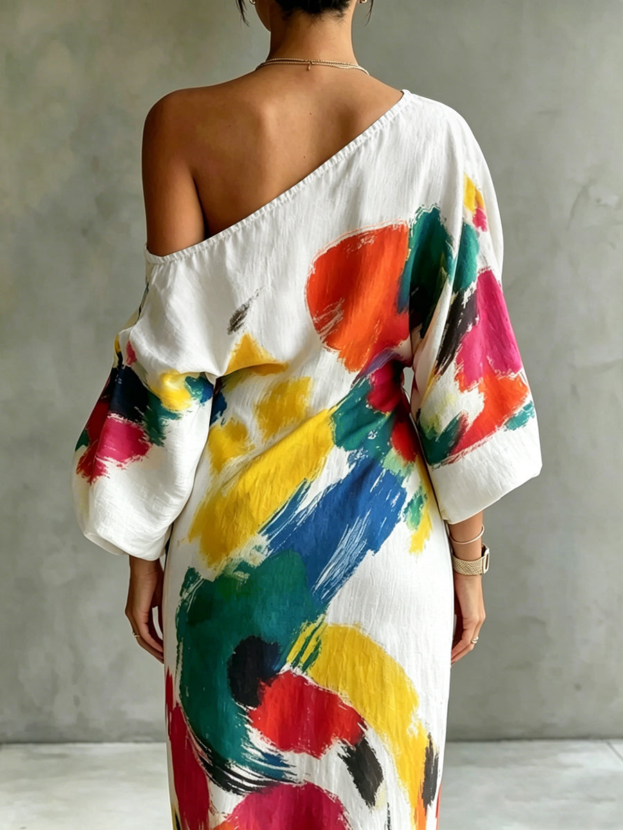 Long Sleeves Loose Asymmetric Contrast Color Pockets Printed One-Shoulder Maxi Dresses