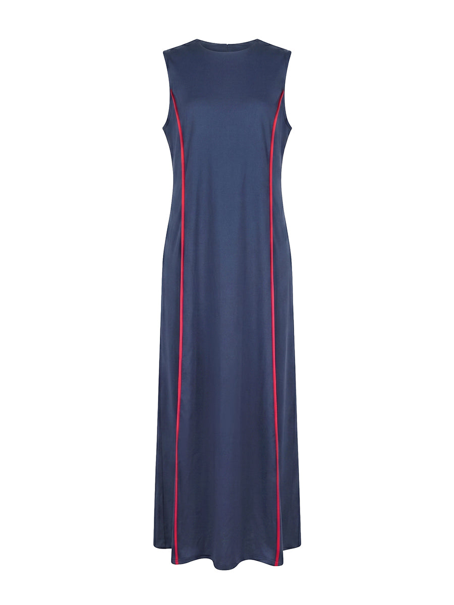 A-Line Loose Contrast Color Pockets Split-Joint Round-Neck Maxi Dresses