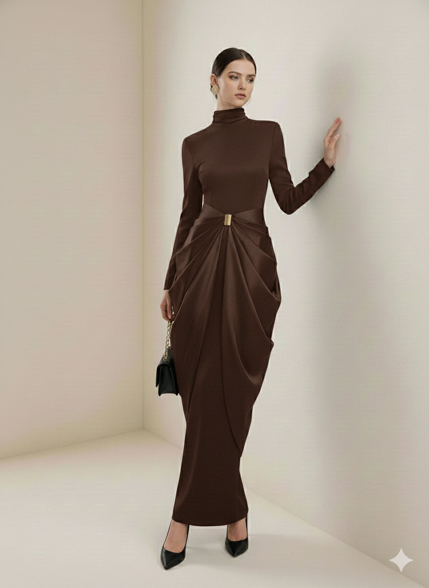 Long Sleeves Buckle Draped High-Neck Evening Dresses Maxi Dresses