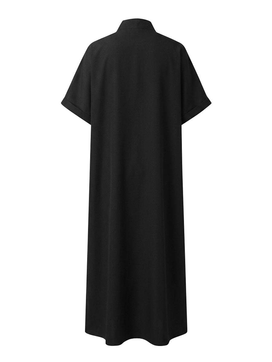 Loose Short Sleeves Buttoned Pockets Split-Joint Lapel Maxi Dresses
