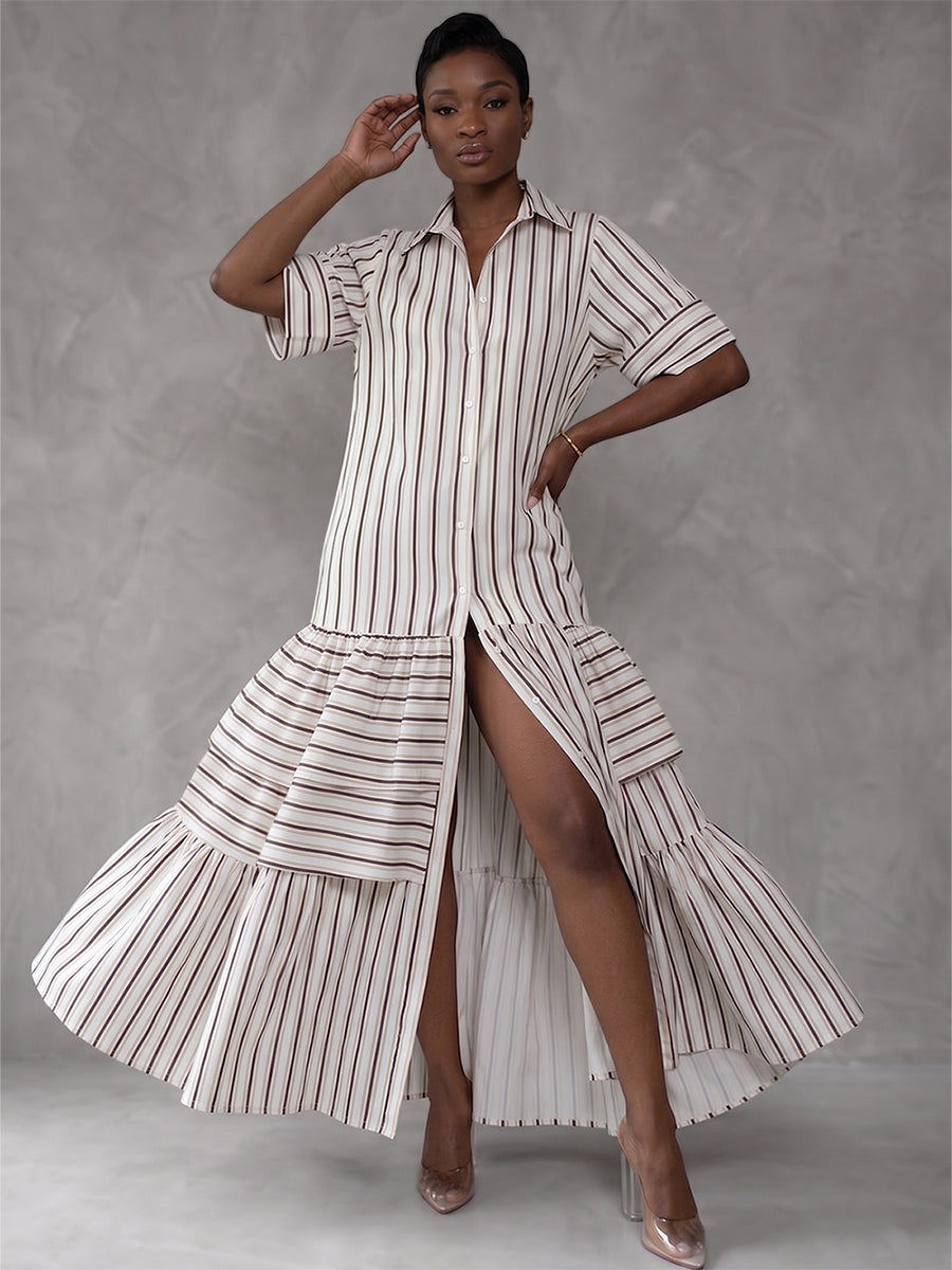 Half Sleeves Loose Buttoned Contrast Color Pleated Split-Joint Striped Lapel Maxi Dresses Shirt Dress