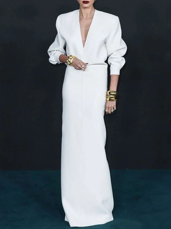 Long Sleeves Loose Solid Color Deep V-Neck Maxi Dresses