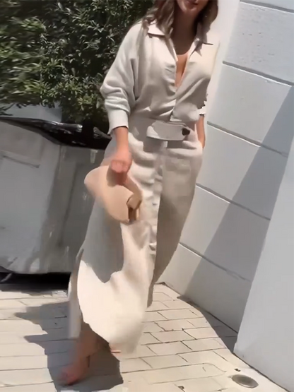Long Sleeves Loose Split-Joint Split-Side V-Neck Maxi Dresses Shirt Dress