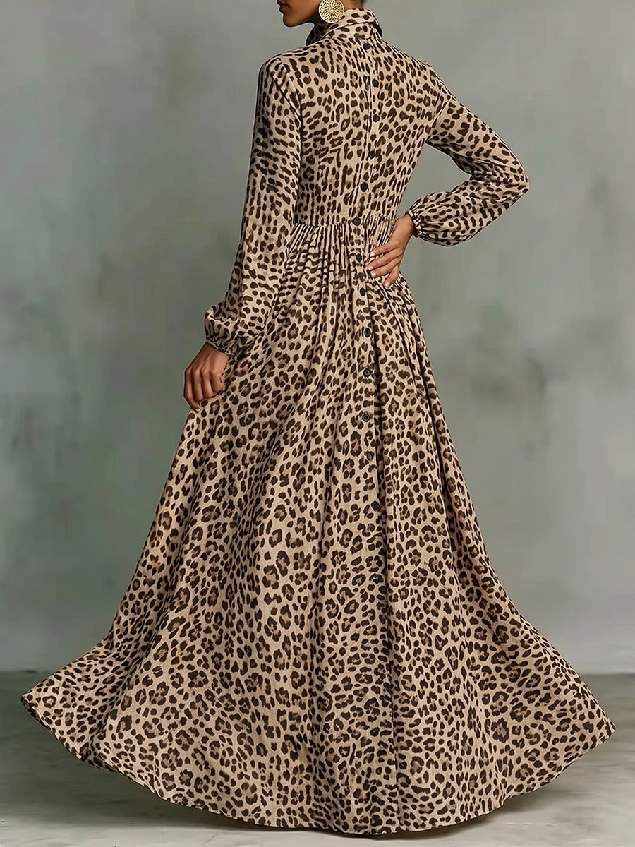 A-Line Long Sleeves Buttoned Contrast Color Leopard Pleated Pockets Lapel Maxi Dresses