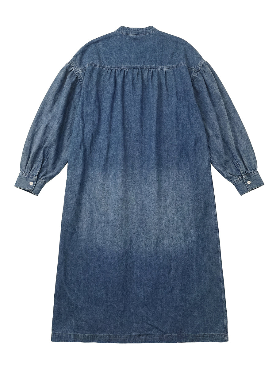 Long Sleeves Loose Buttoned Pockets Solid Color V-Neck Maxi Dresses