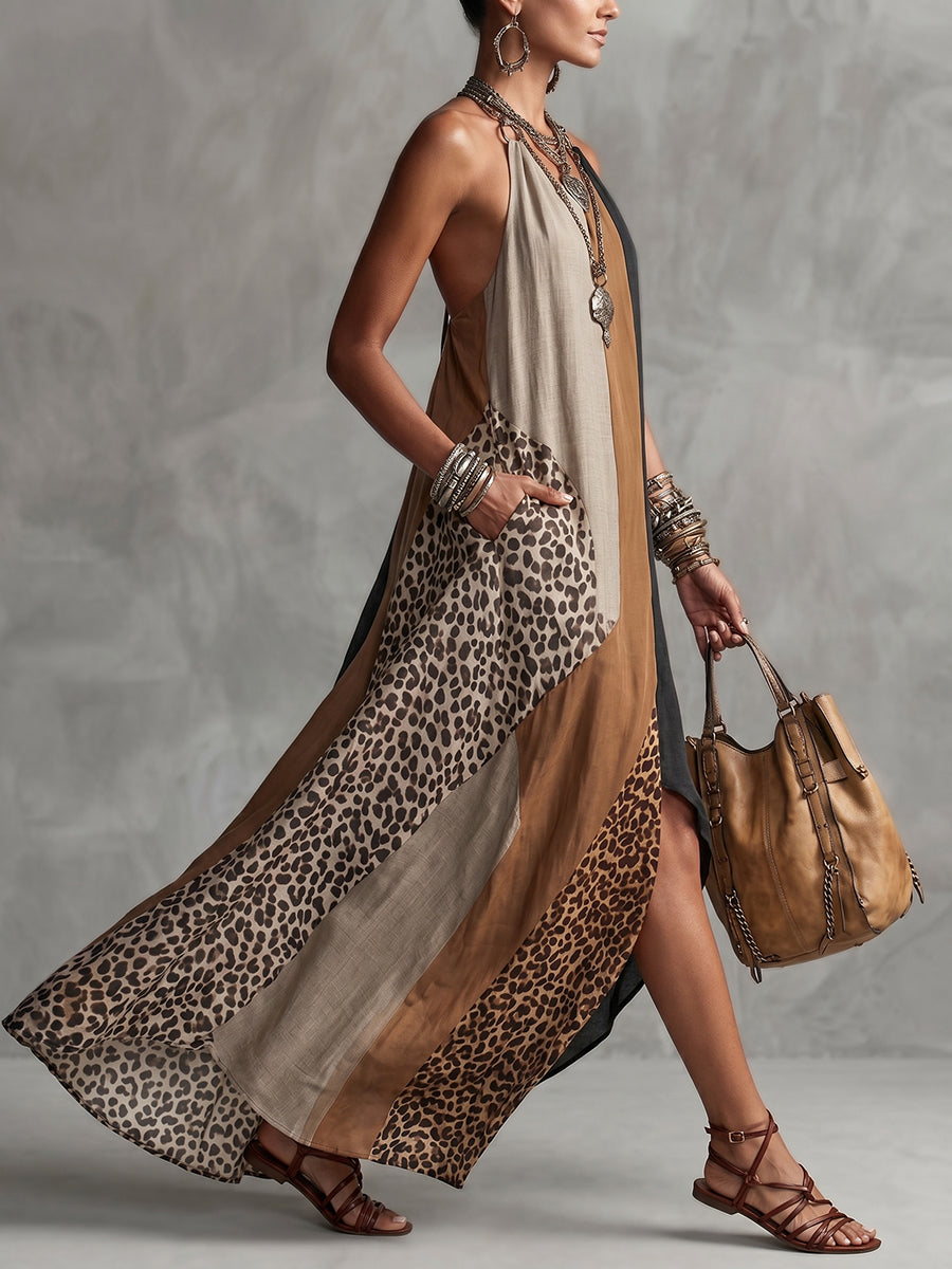 Loose Sleeveless Asymmetric Contrast Color Leopard Pockets Split-Joint Halter-Neck Maxi Dresses