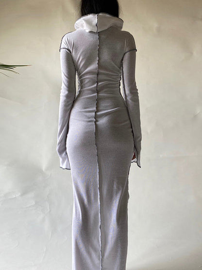 Long Sleeves Plus Size Solid Color Split-Joint Hooded Maxi Dresses