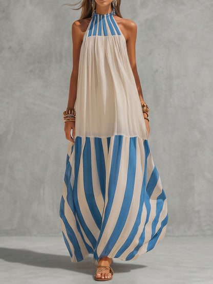 A-Line Loose Contrast Color Pleated Striped Halter-Neck Maxi Dresses
