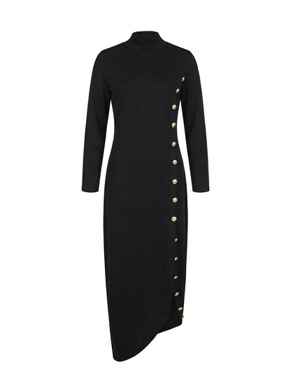 Long Sleeves Loose Asymmetric Buttoned Split-Joint Split-Side Mock Neck Maxi Dresses