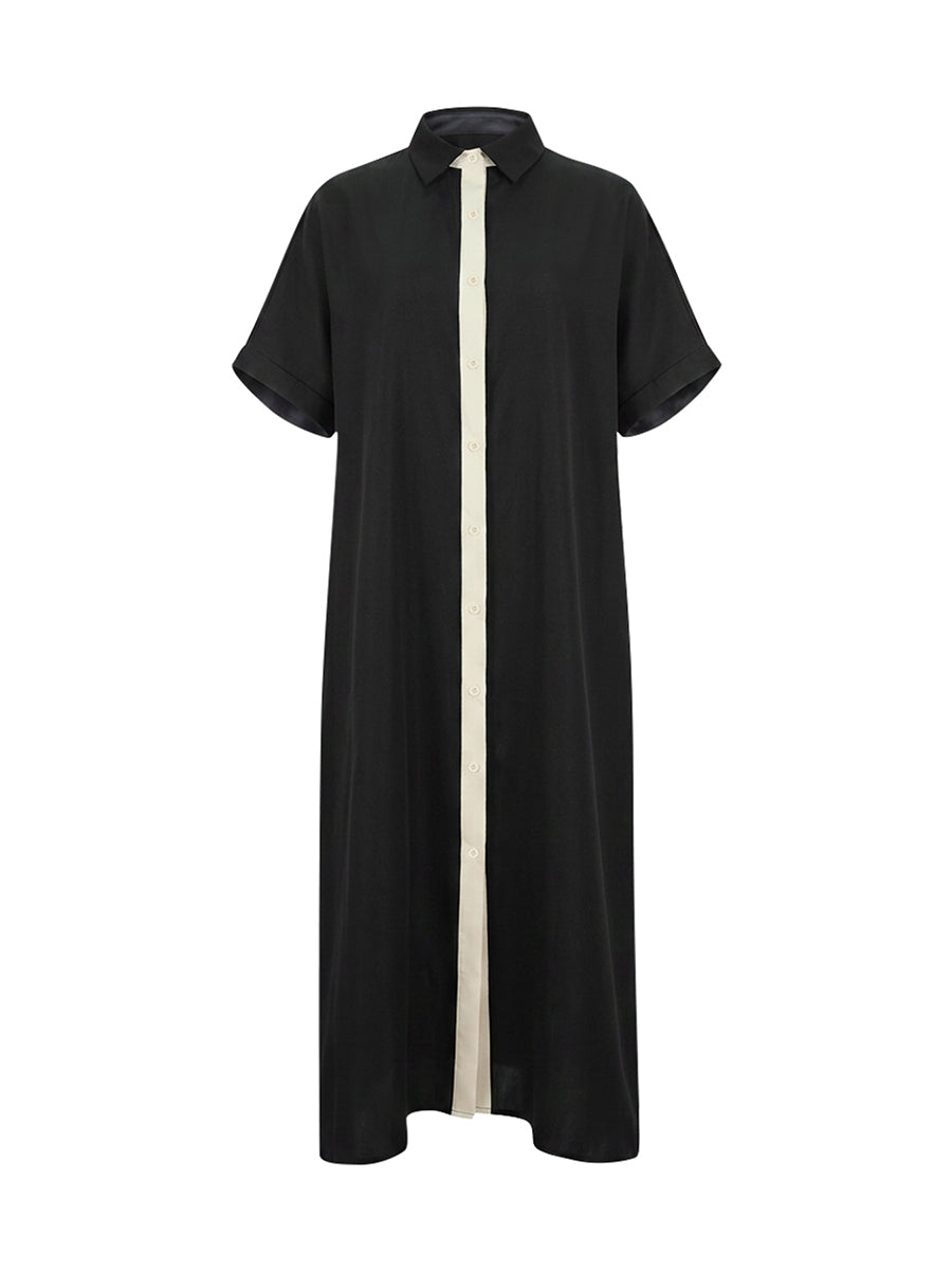 Loose Short Sleeves Buttoned Pockets Split-Joint Lapel Maxi Dresses