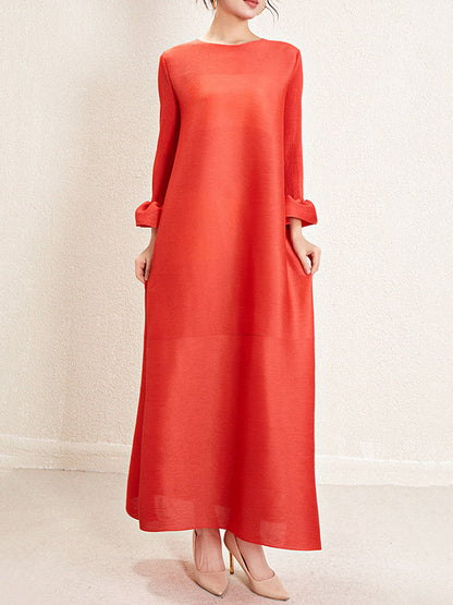 A-Line Loose Pleated Solid Color Round-Neck Maxi Dresses