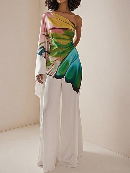 Long Sleeves Loose Flower Print Pleated Pockets One-Shoulder Jumpsuits