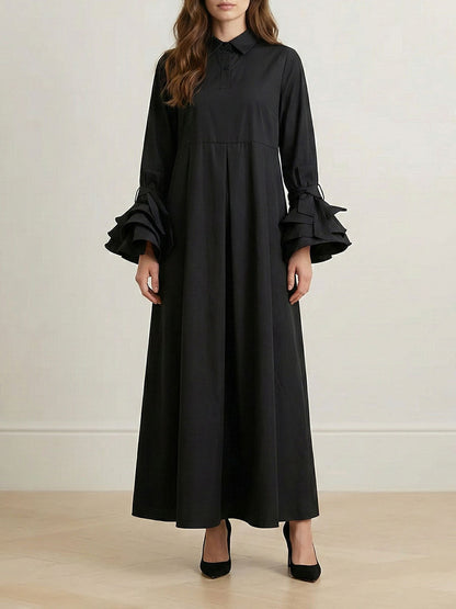 Flared Sleeves Pleated Solid Color Split-Joint Lapel Maxi Dresses Shirt Dress