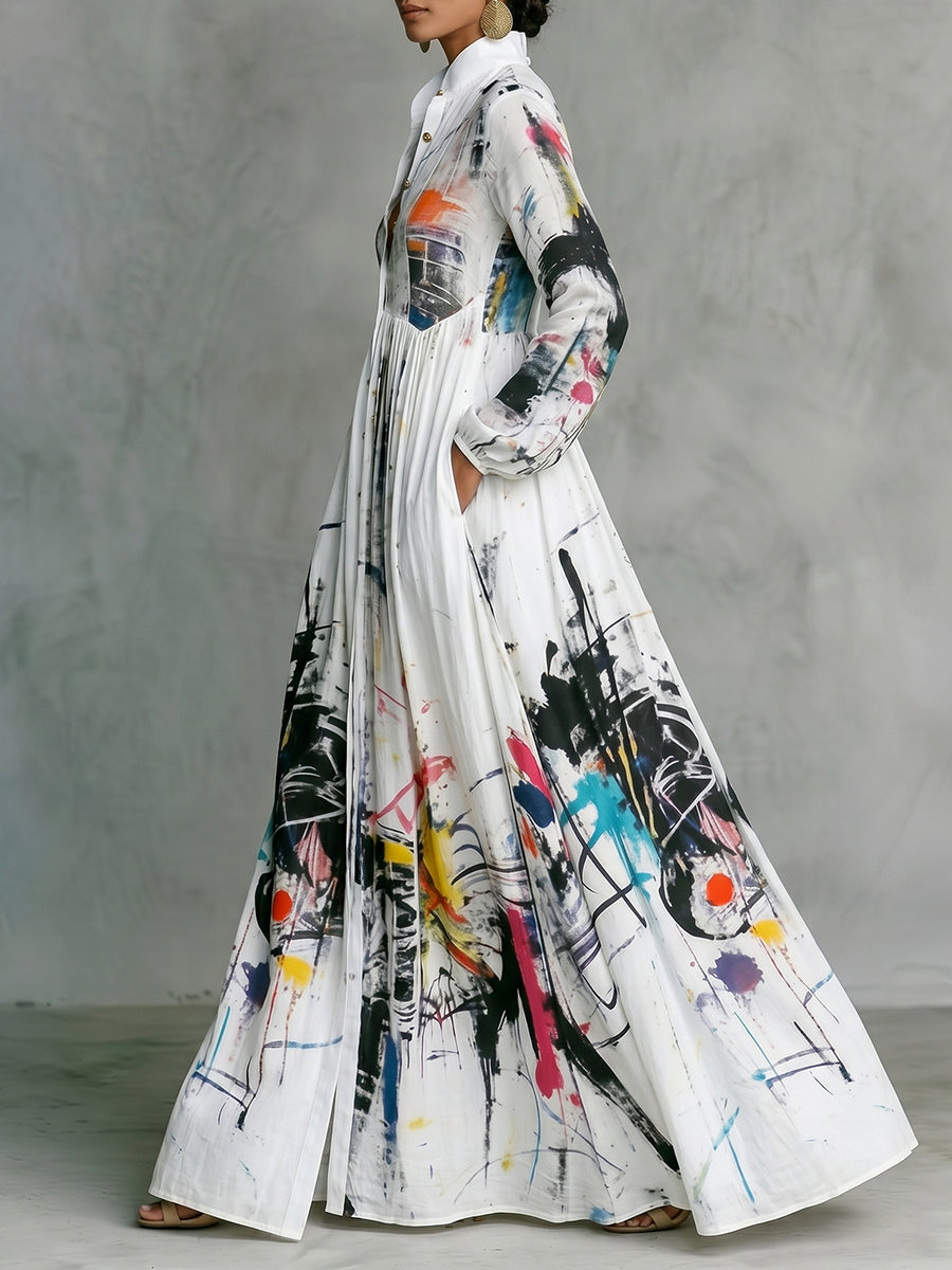 Long Sleeves Loose Buttoned Pleated Pockets Printed Split-Joint Stand Collar Maxi Dresses Shirt Dress