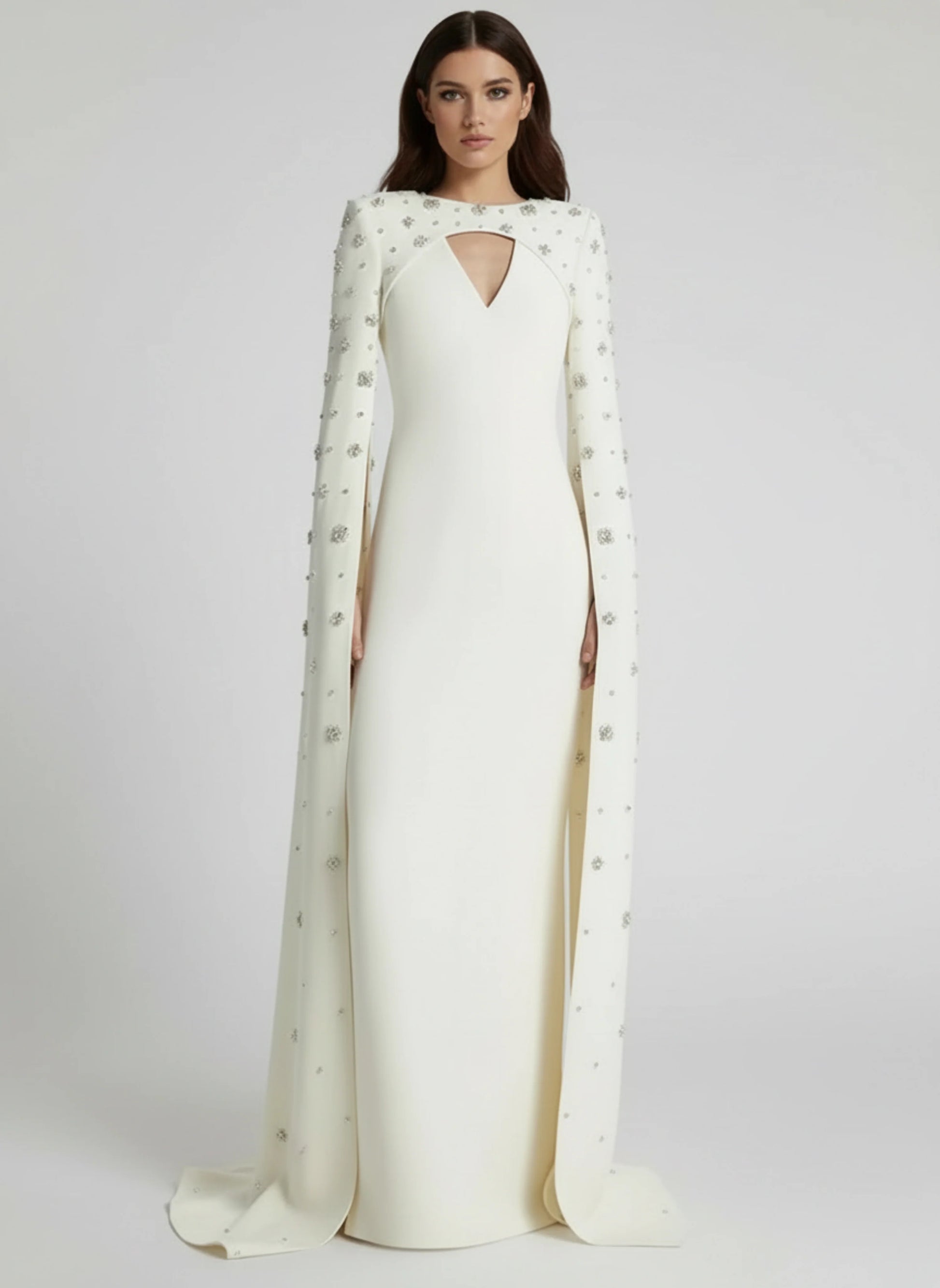 Cape Sleeve Crystal Column Gown – Designer Evening Dress