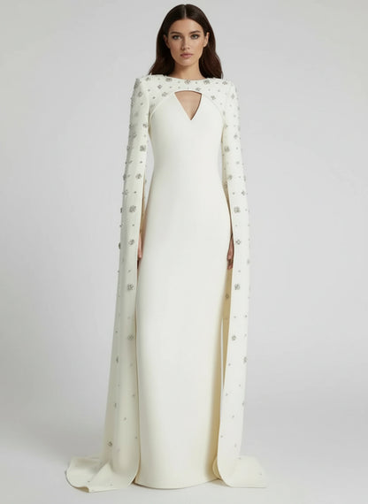 Cape Sleeve Crystal Column Gown – Designer Evening Dress