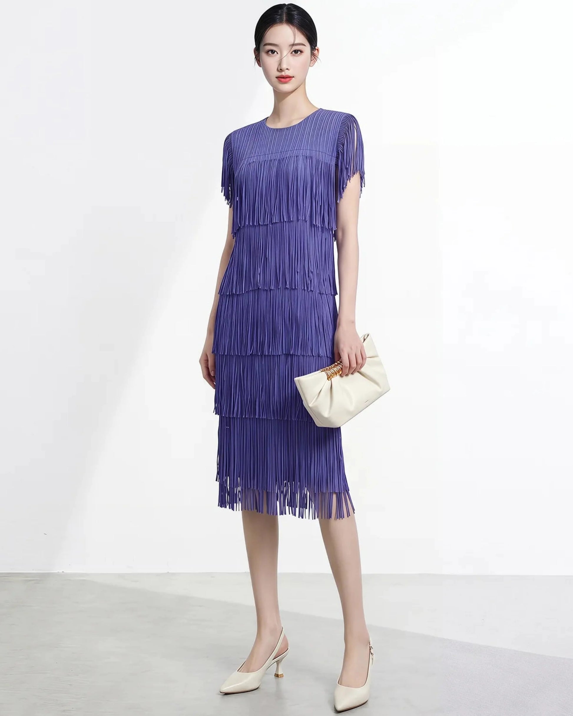 Fringe Pleated Midi Dress